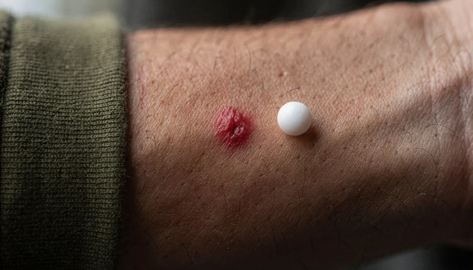 Marca vermelha de impacto de BB na pele de um antebraço, com uma esfera branca apoiada ao lado