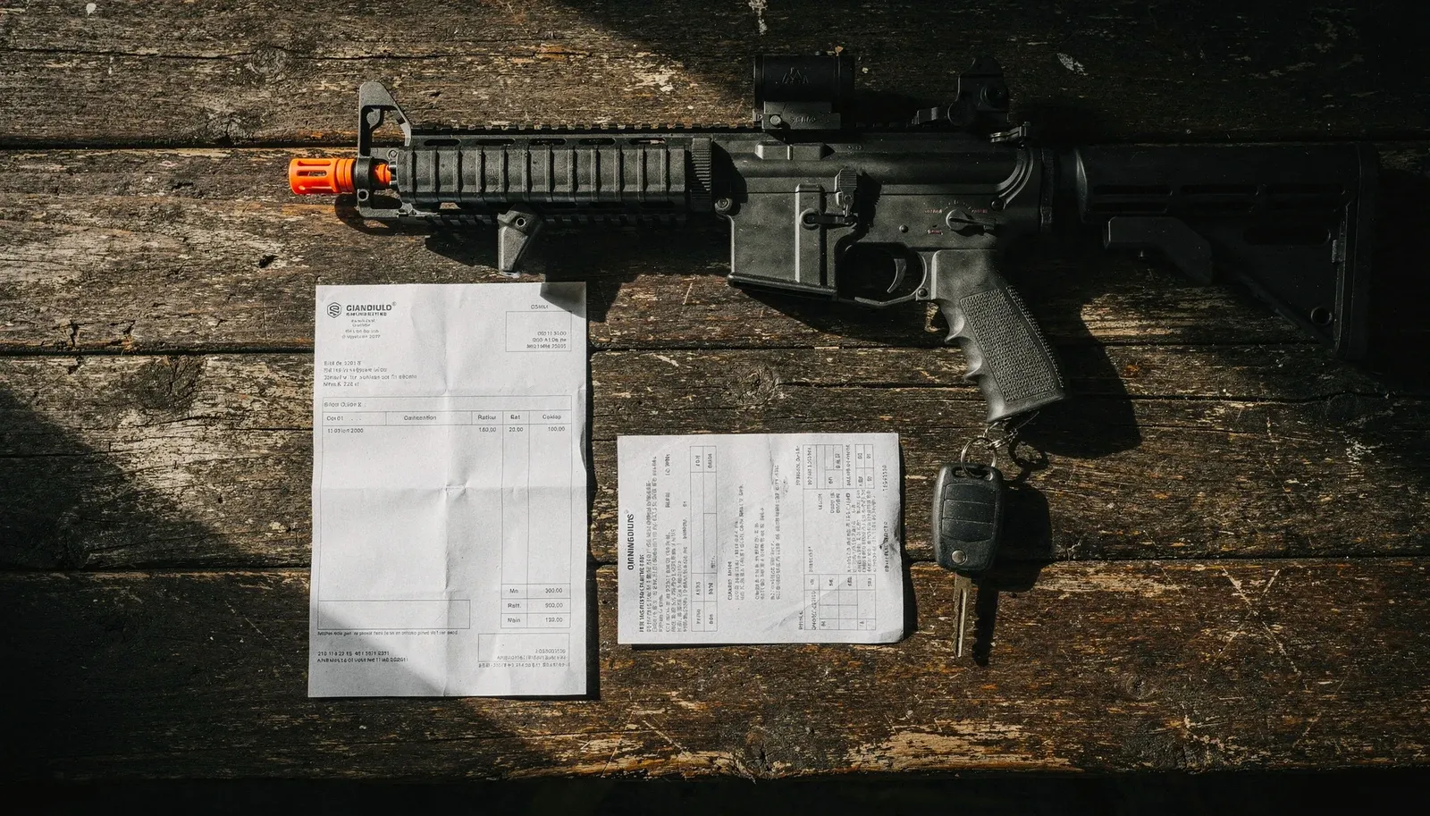 Réplica de airsoft com ponta laranja sobre mesa de madeira, ao lado de documentos de registro impressos