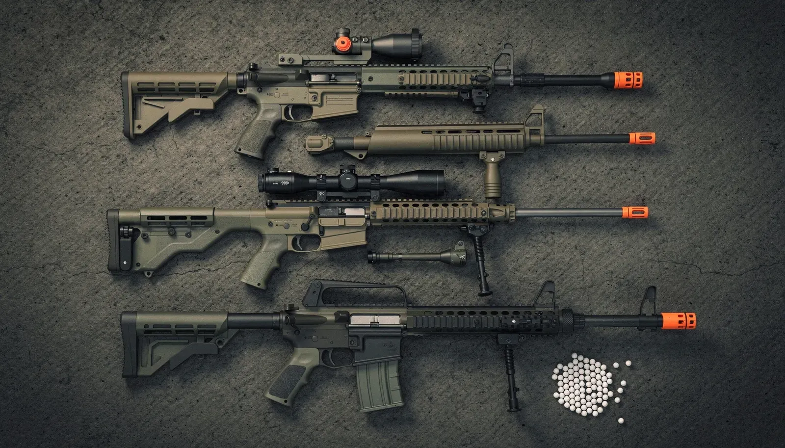 Quatro réplicas de airsoft alinhadas sobre piso de concreto escuro, vistas de cima, com pontas laranja visíveis e uma pilha de BBs brancas ao lado