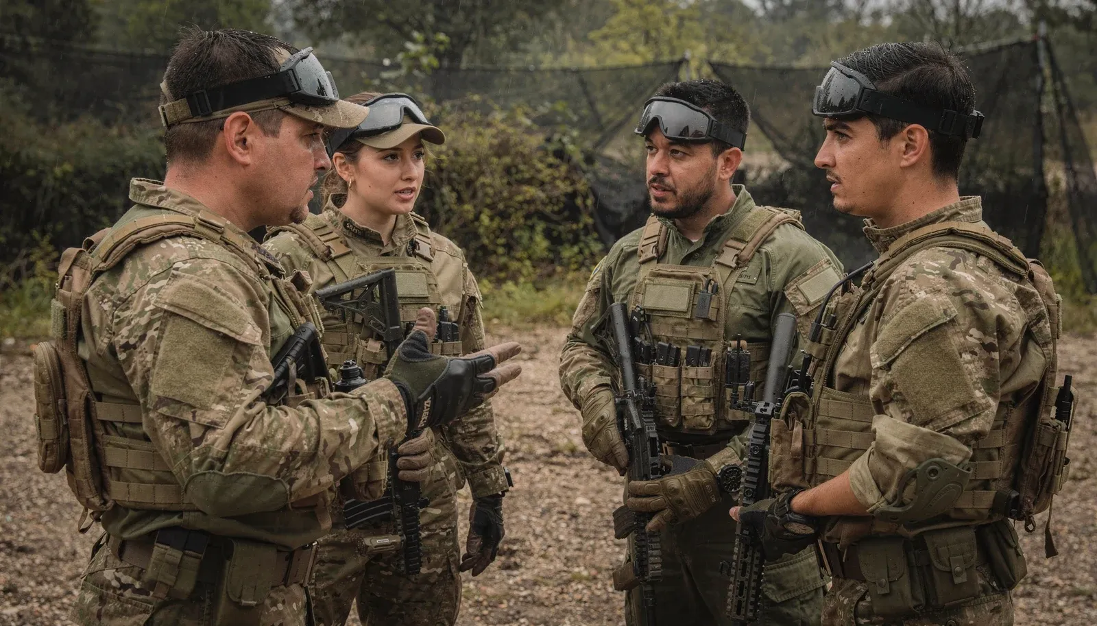 Quatro jogadores de airsoft equipados, em roda, conversando antes da partida