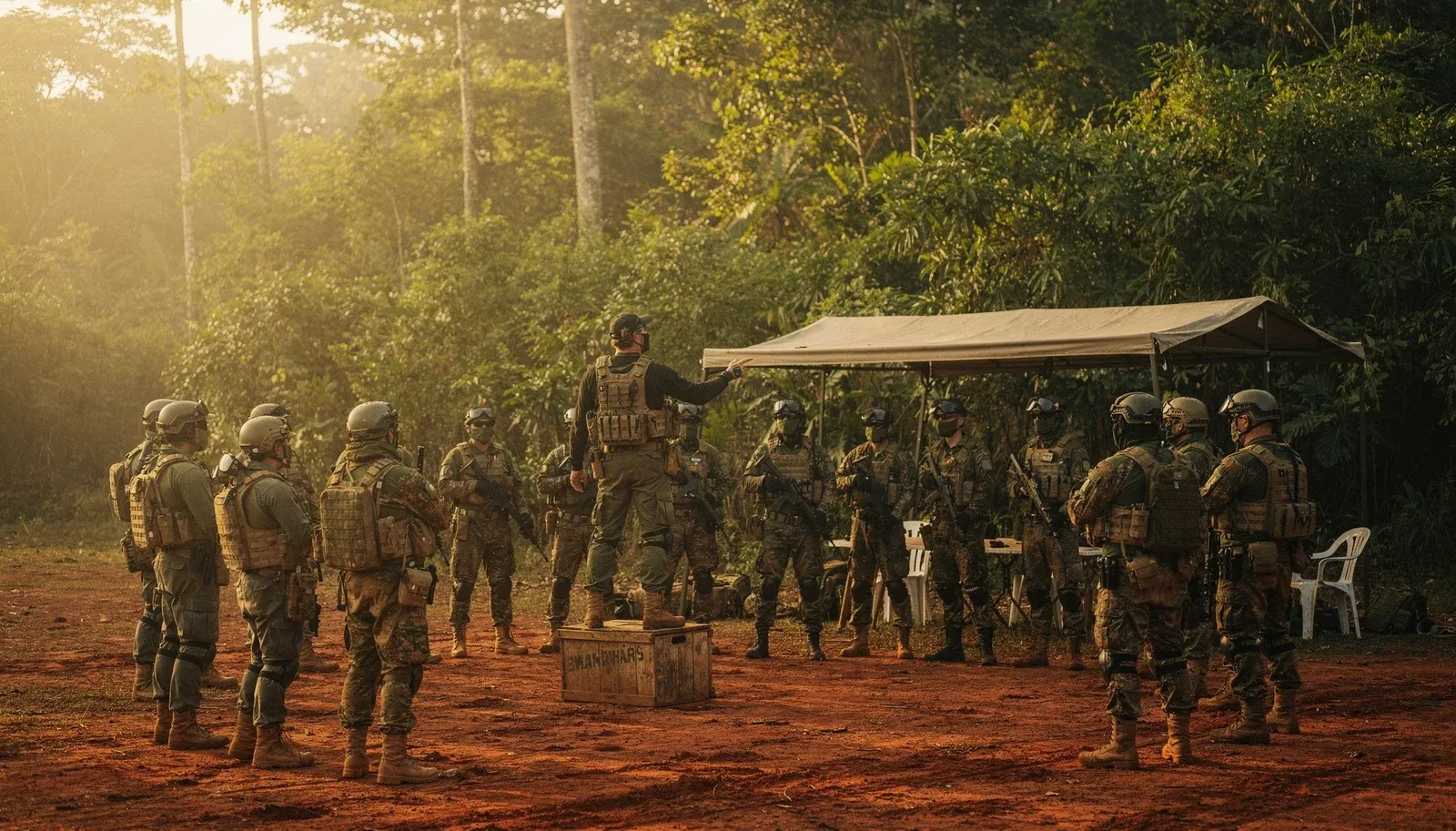 Organizador conduz o briefing de segurança ao amanhecer, em pé sobre um caixote, com cerca de quinze jogadores equipados em semicírculo diante da tenda da safe zone