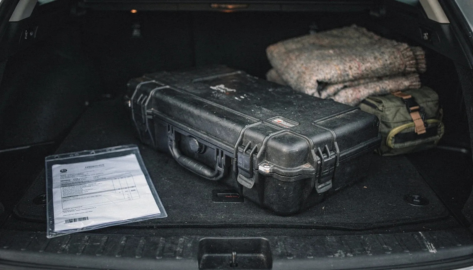 Maleta rígida fechada no porta-malas de um carro, com a documentação da réplica ao lado