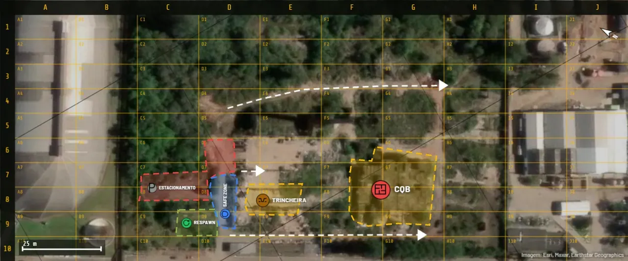 Mapa de satélite com grade de setores, setas e áreas de safezone, respawn e CQB demarcadas.