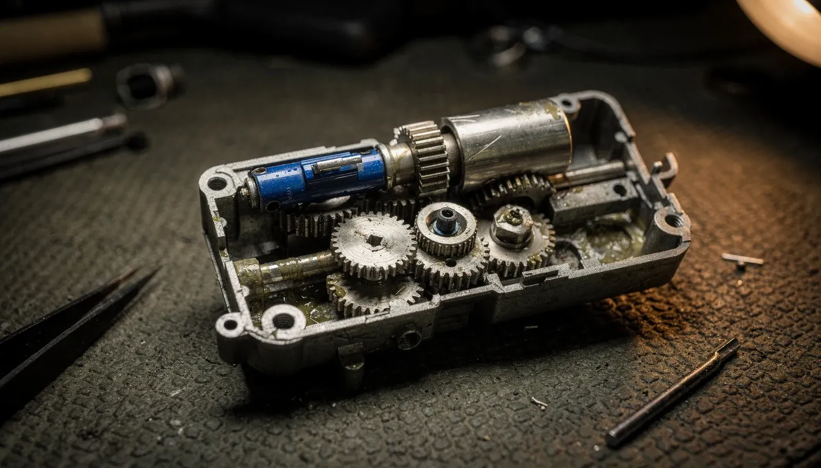 Gearbox de airsoft aberta na bancada, com pistão, mola e engrenagens à mostra