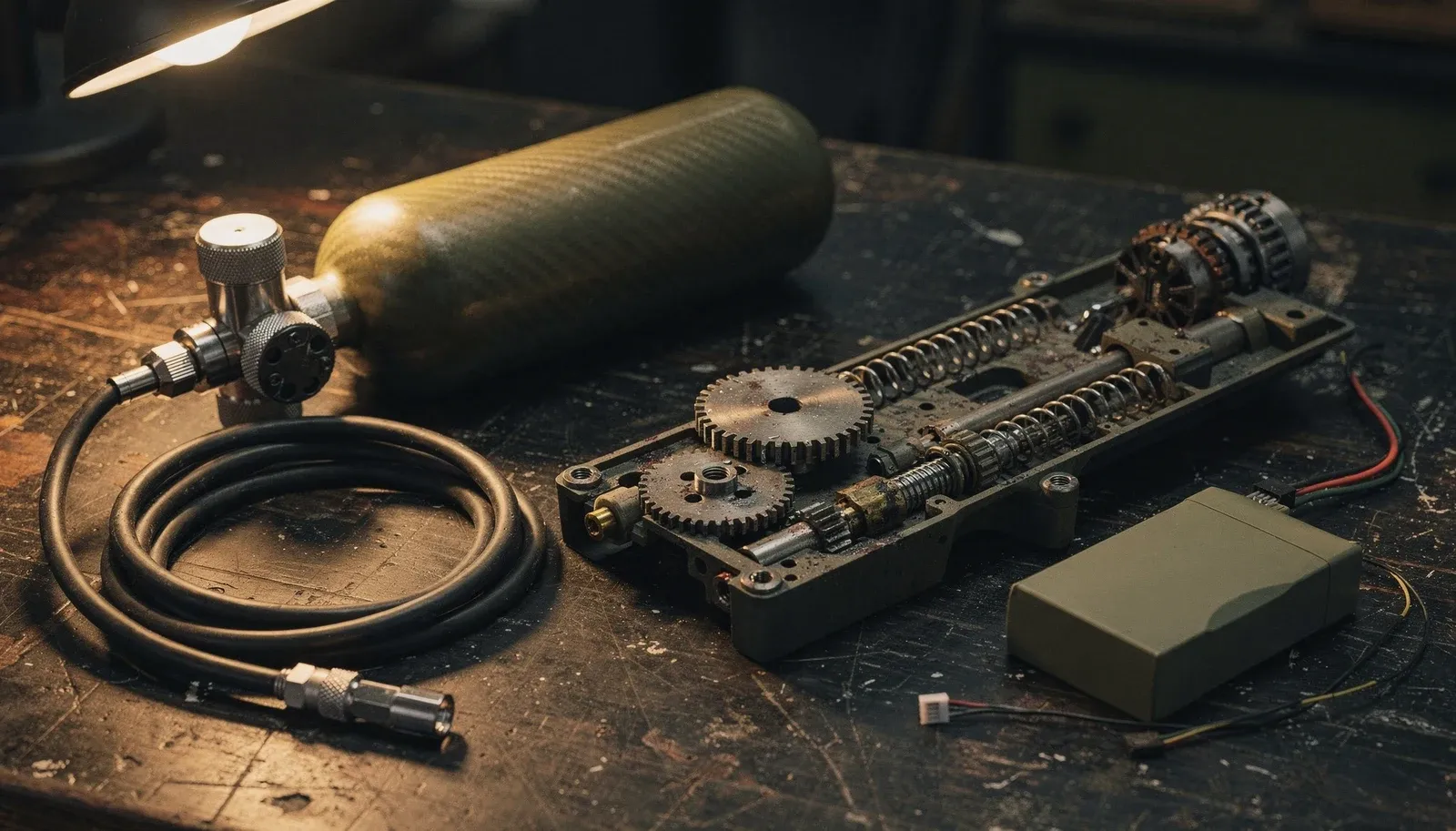 Cilindro de ar comprimido com regulador e macroline ao lado de uma gearbox de AEG aberta e de uma bateria LiPo, sobre bancada de manutenção