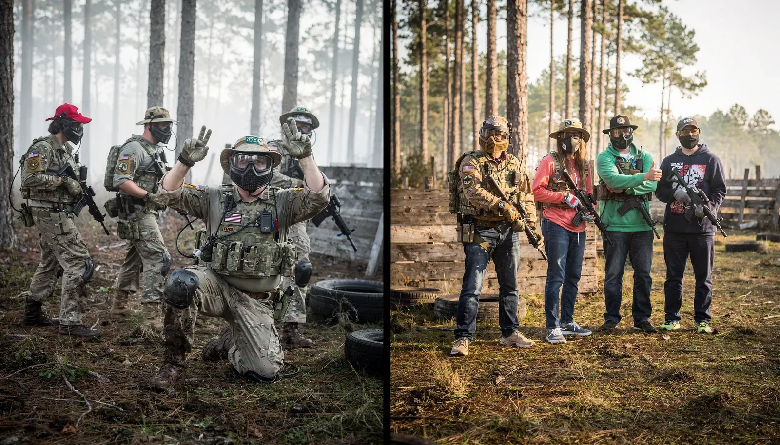 Comparação lado a lado: à esquerda, equipe de airsoft em uniforme camuflado completo com colete, rádio e joelheira em jogo MilSim; à direita, jogadores for fun de jeans, moletom e máscara, com equipamento mínimo